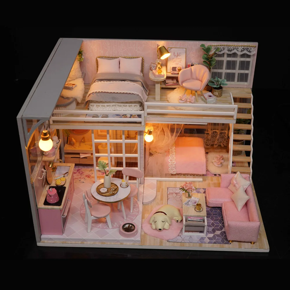 Diy Doll House Miniature Dollhouse Kit Pink Girl Apartment Mini Wooden Model Puzzle Toys for Children valentine | Игрушки и хобби