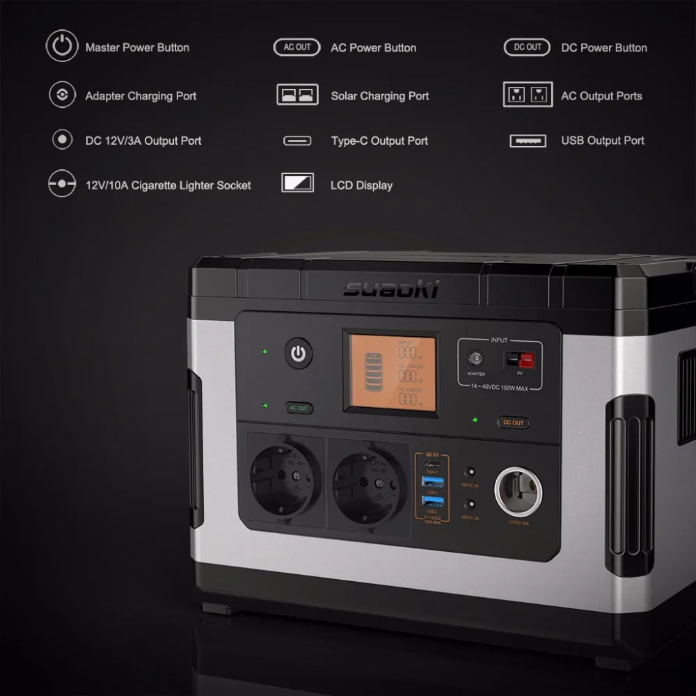 Suaoki G500 500Wh 300 Вт AC/DC 12 В портативная электростанция портативный Перезаряжаемый солнечный генератор для автомобиля Аварийный кемпинг на открытом воздухе