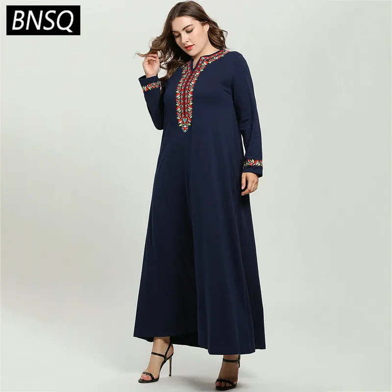 BNSQ Цветочная вышивка Макси длинное платье Элегантное этническое мусульманское