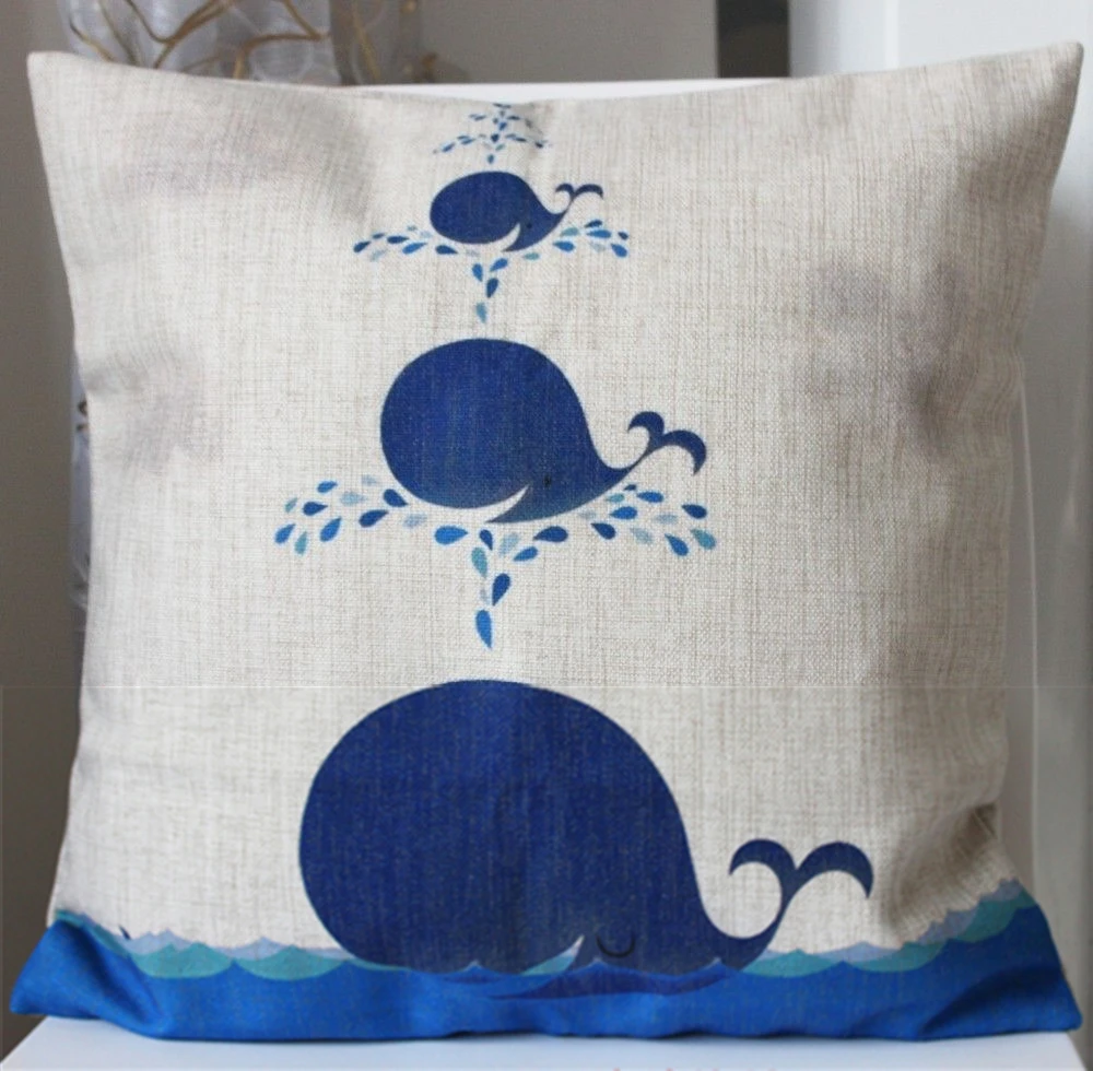 

Cute Blue Whale Cushion Cover Linen Decorative Throw Pillow Case Vintage Animal Sofa Square Pillows Sham Baby Room Decor 18"x18"