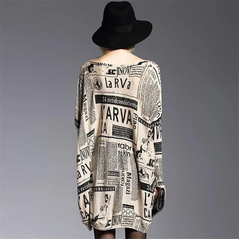 women's clothing ladies o-neck casual knitted sweaters women batwing sleeve newspaper printing big yards pullover sweater | Женская