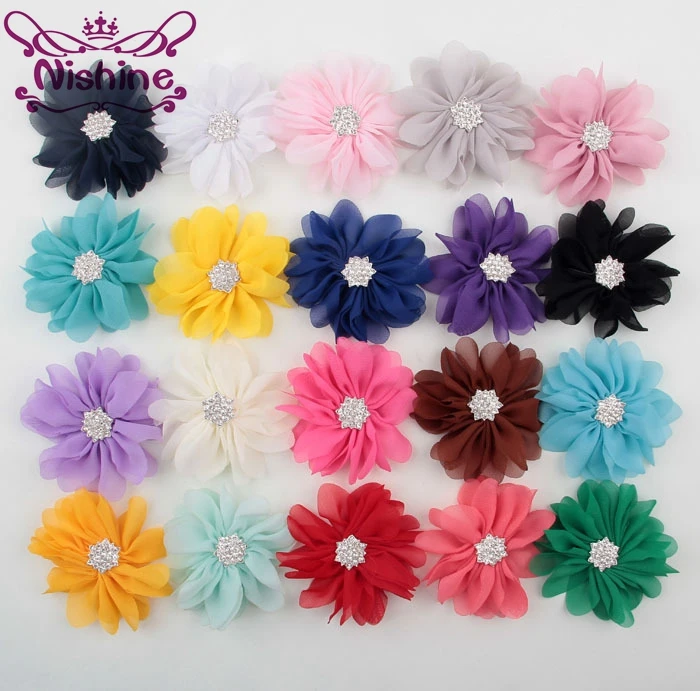 

Nishine 30pcs/lot 2.8" Chiffon Wave Flower With Star Rhinestone Button Center For Girls Headband Hair Clip DIY Hair Accessories
