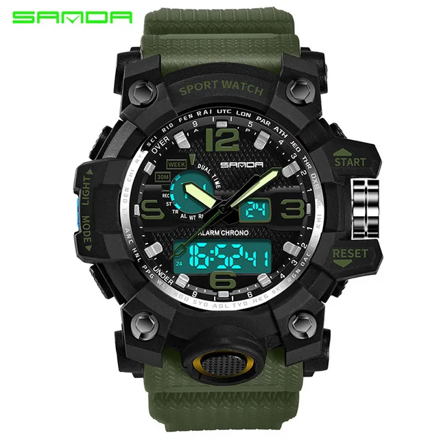 Army Green SANDA, спортивные часы, люксовый бренд, водонепроницаемые, военные, с календарем, светодиодный, цифровые наручные часы, Relogio Masculino - Цвет: Army Green