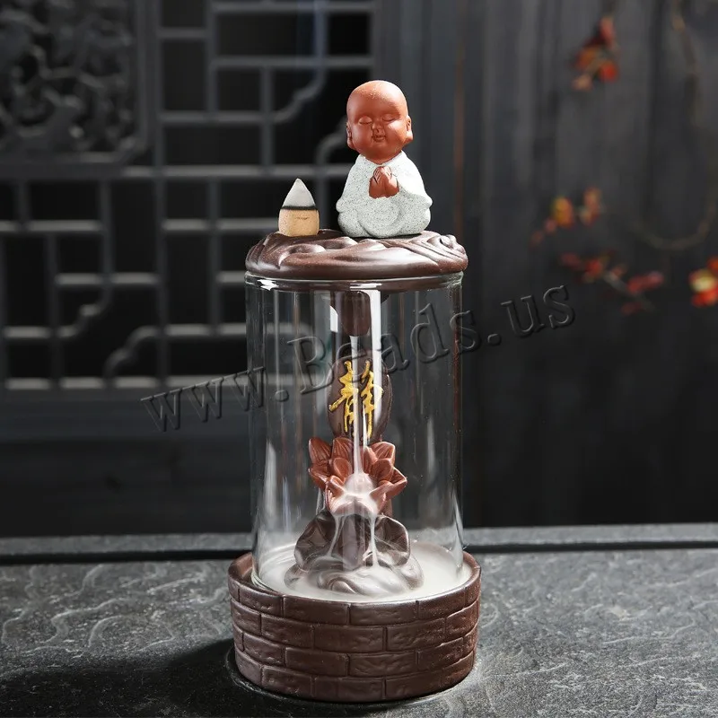 

Lotus Flower Ceramic Backflow Incense Burner With Acrylic Protective Cover Smoke Waterfall Incense Holder + 10pcs Incense Cones