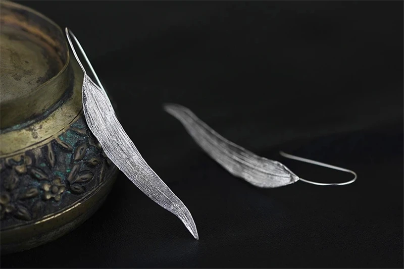 Lotus Fun реальные 925 Серебро Природный ручной Fine Jewelry длинные листья Мода висячие серьги для женщин brincos