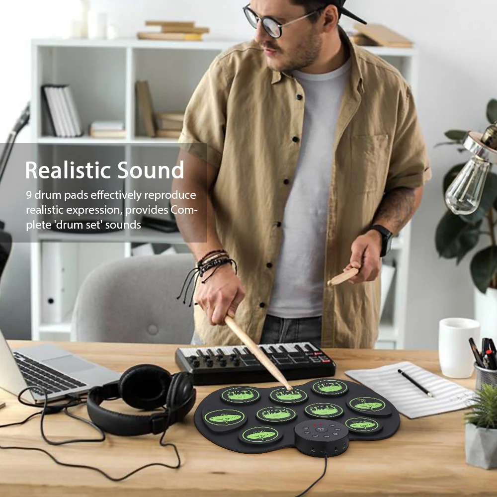 Portable Electronic Drum Set Digital Roll-Up Touch Sensitive Practice Drum Kit 2 Foot Pedals for Kids Beginners No Speakers