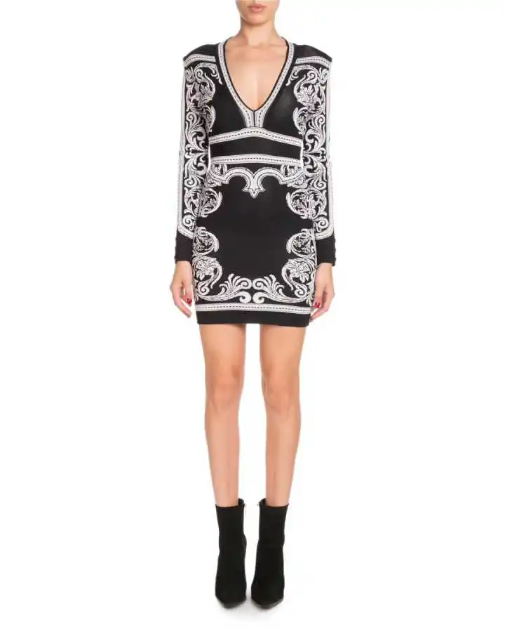 

Newest 2018 Winter white v neck black Celebrity Party Women Long Sleeve Sexy NightClub Women Vestidos Bandage bodycon dress