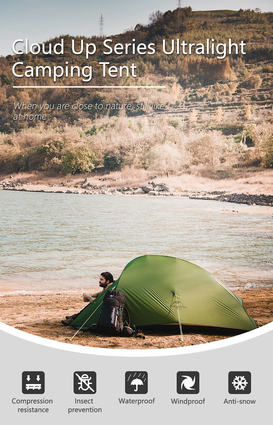 Серия Naturehike Cloud Up, Ультралегкая походная палатка, водонепроницаемая походная палатка, 20D нейлоновая палатка с бесплатным ковриком