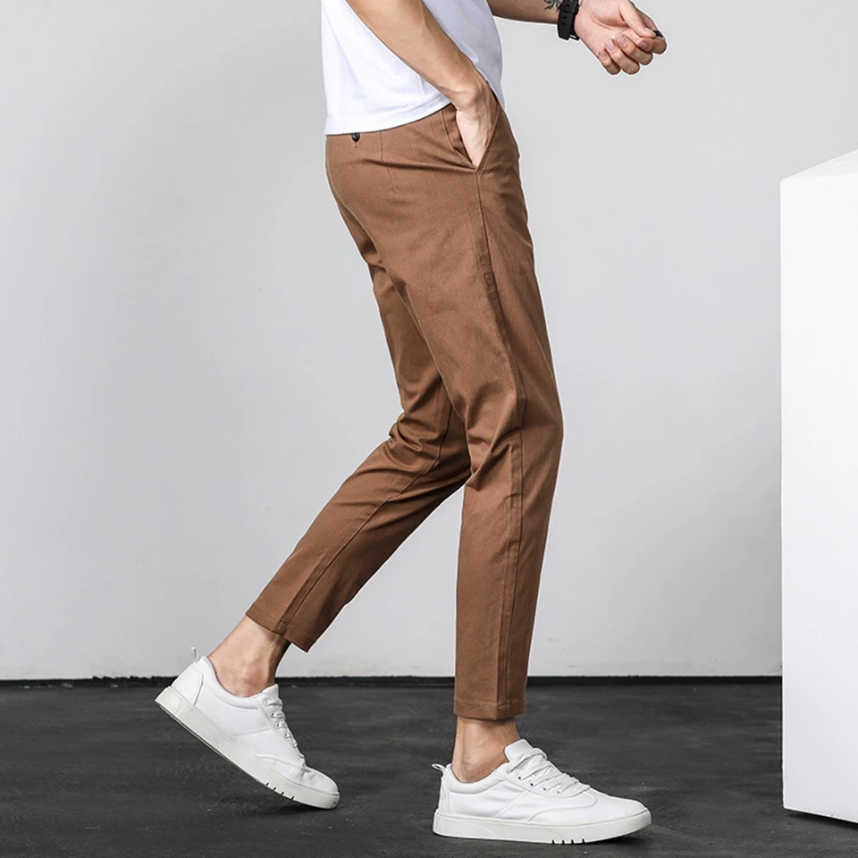 Men ANKLE Length Trousers 98.2% cotton 1.8% spandex Summer Thin Zipper Green Grey Black Slim Male Young Man Pencil Ninth Pants | Мужская