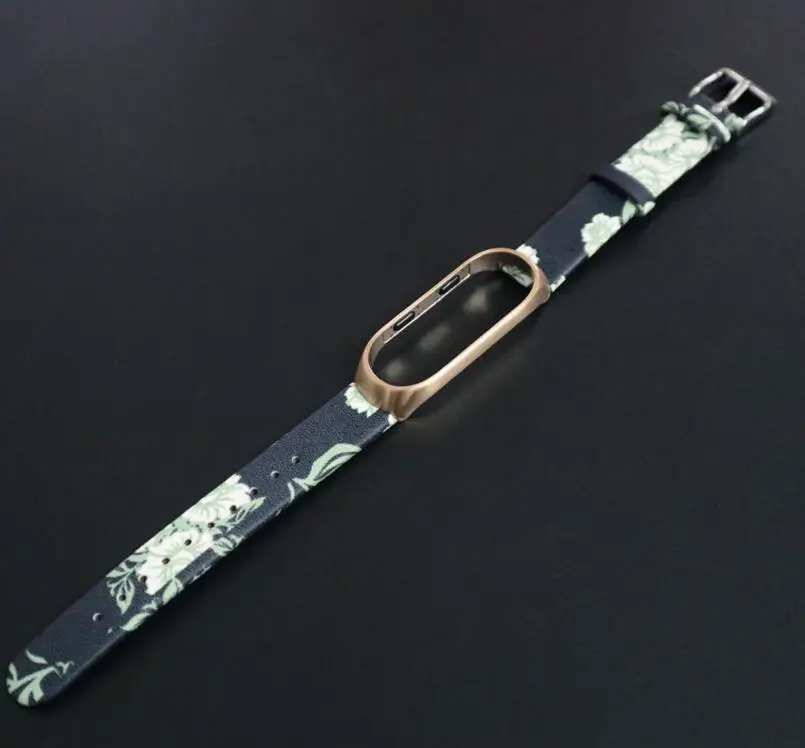 white leather- rose Браслет с цветочным принтом для mi band 3, кожаный металлический ремешок для Xiao mi Band 3, чехол из нержавеющей стали, браслет - Цвет: white leather- rose