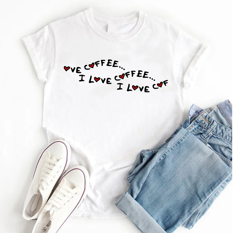 Женские топы и футболки с принтом I Love Coffee Pink простая повседневная Базовая