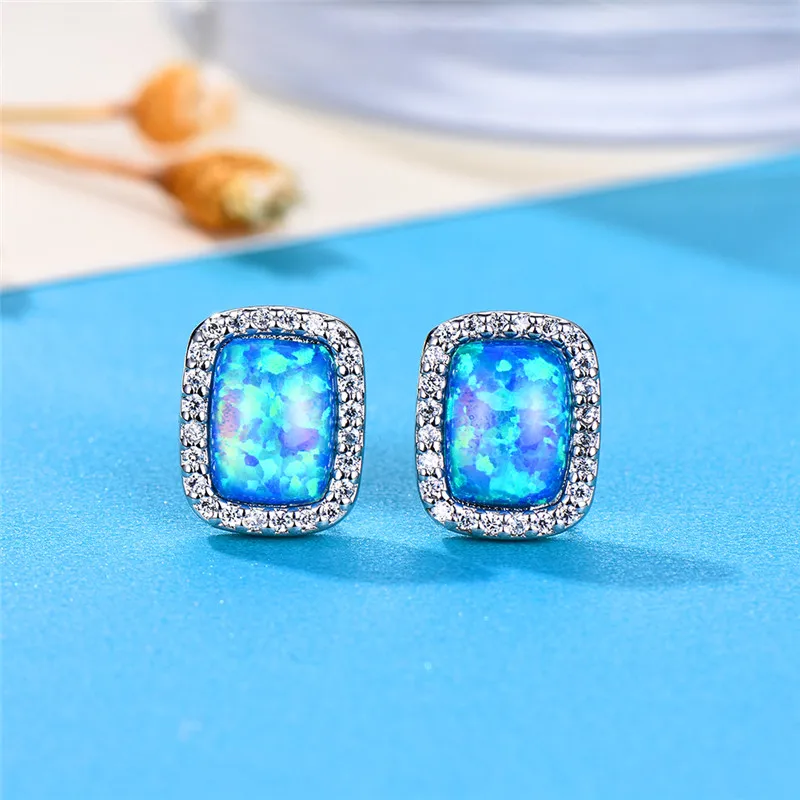 Boho женские маленькие шпильки геометрической формы серьги модные серебряные синие белые огненные опаловые серьги винтажные Свадебные Двойные серьги для женщин