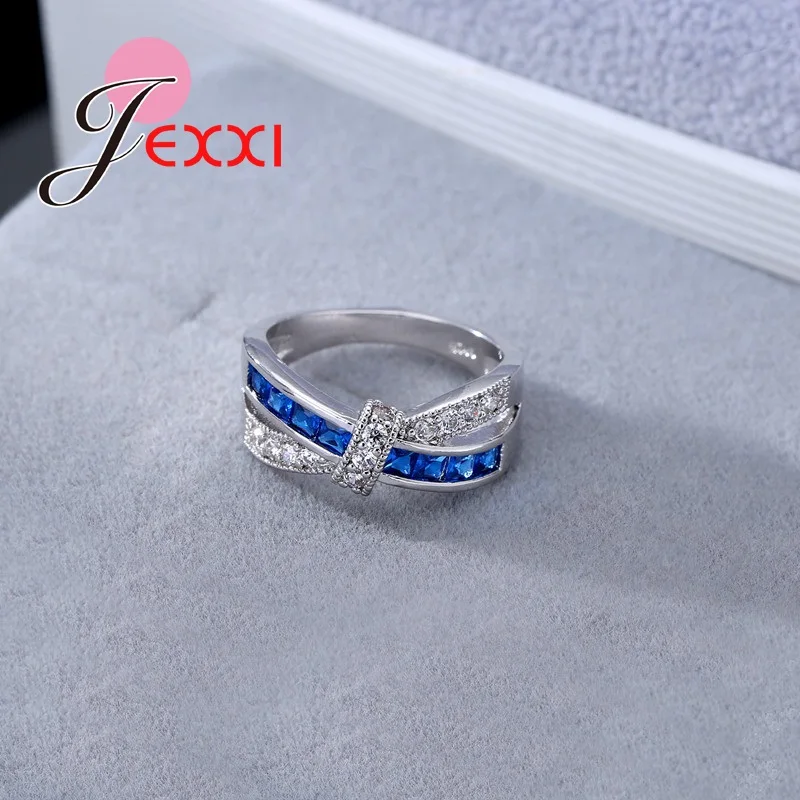 Linked Together Style Blue Clear Crystal Rings For Women Lady Stamped 925 Sterling Silver Ring Jewelry Wedding Bands | Украшения и
