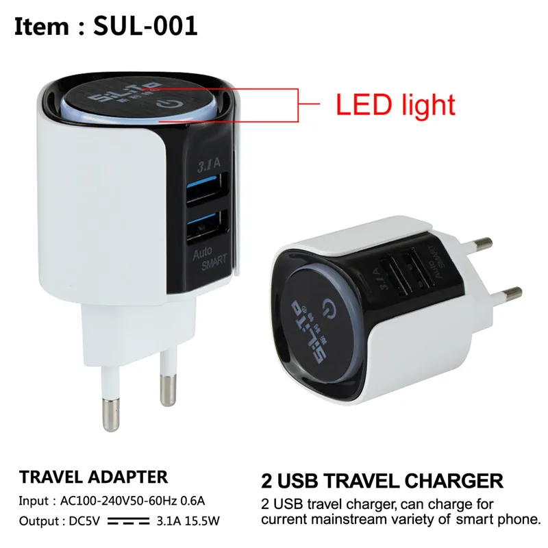 QC3.0 зарядное устройство для путешествий с двумя выходами USB 15 5 Вт штепсельная