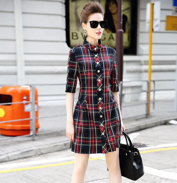 2016 Осенняя модная клетчатая плиссированная приталенная рубашка с воротником