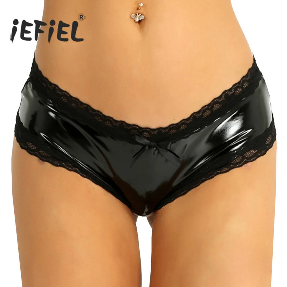 

iEFiEL Femme Womens Exotic Lingerie Intimates Wetlook Patent Leather Lace Crotchless Sexy Panties V-Back Mini Briefs Underwear