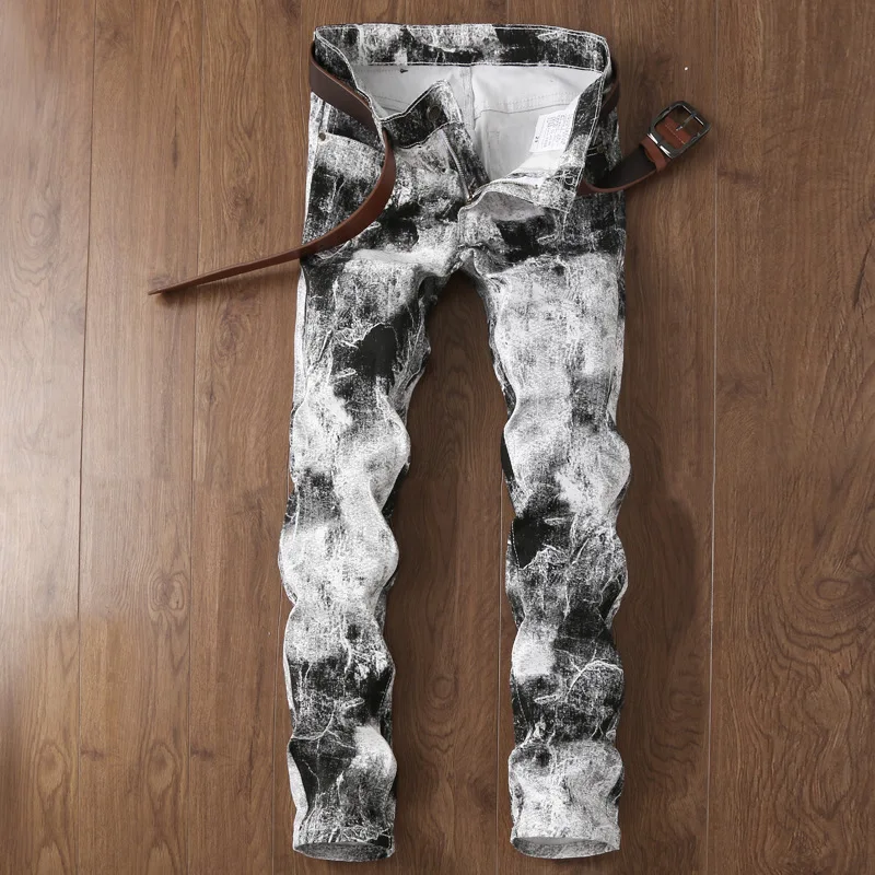 Мужские джинсы прямые с белым принтом весна-лето модные повседневные однотонные