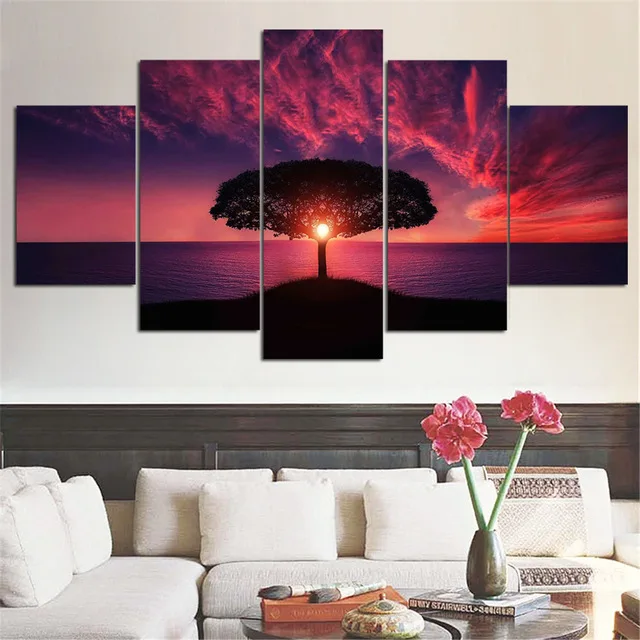 Дерево под закат пейзаж модульная Картины на стене Lagre Wall Art Куадрос настенные