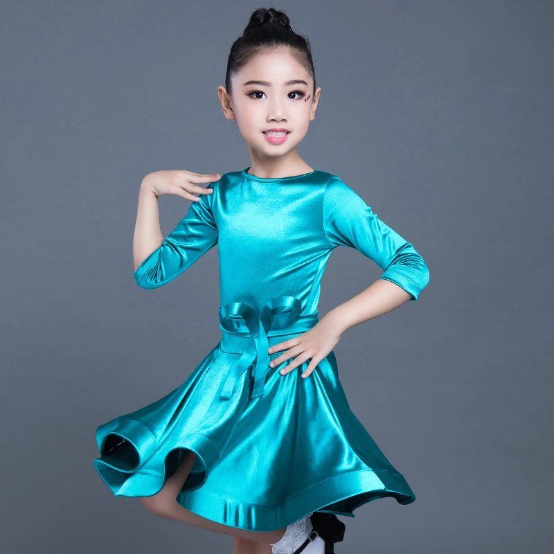 Latin Dance Dress Girls Children Bright Satin Professional Ballroom Practice Wear For Kids Stage Performance Outfits DL3191 |