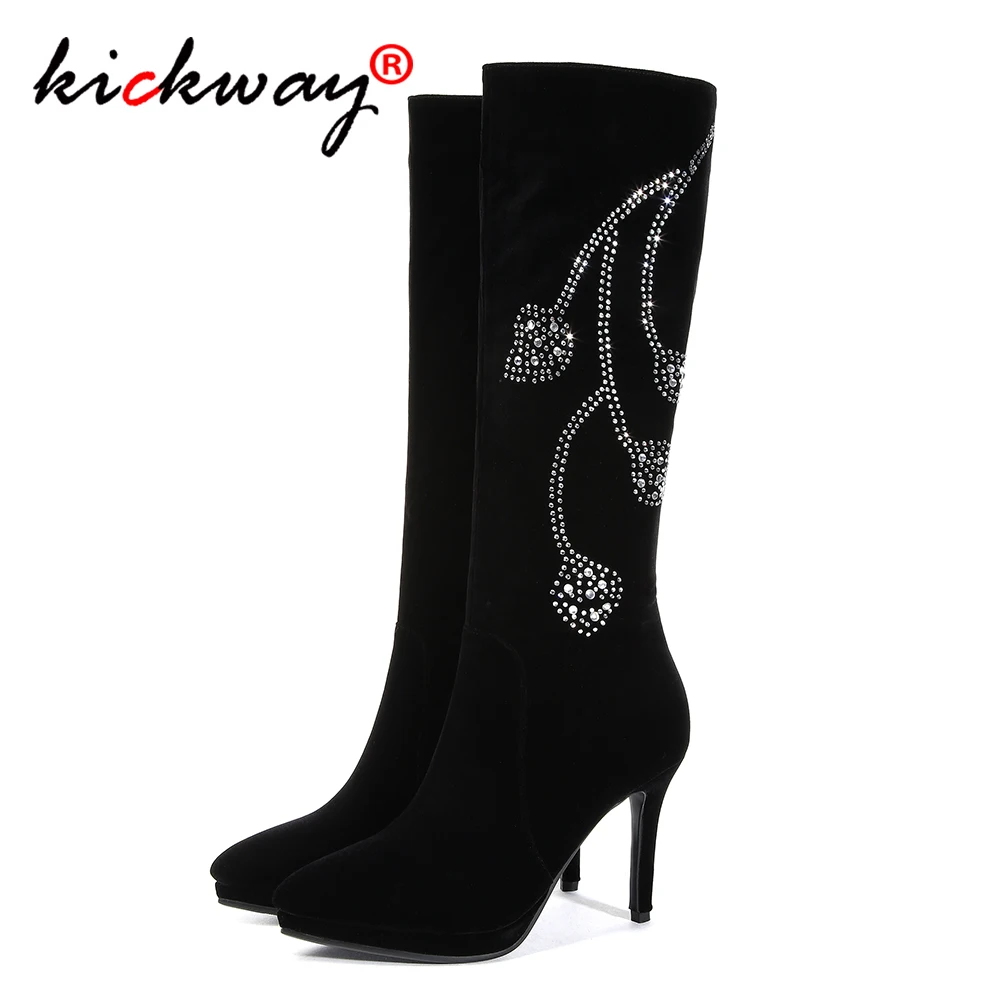 2019 New Knee High Women Boots Round Toe Flock Short Plush Footwear Heels Female Zip Shoes Black Plus Size 43 | Обувь