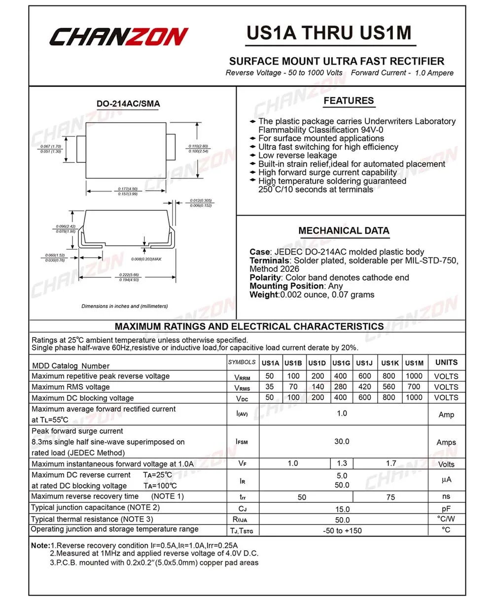 100 шт) US1M SMD Ультра быстрый восстановительный выпрямляющий диод 1A 1000 V 50-75ns SMA(DO-214AC) 1 Ампер 1000 Вольт США 1 м диоды