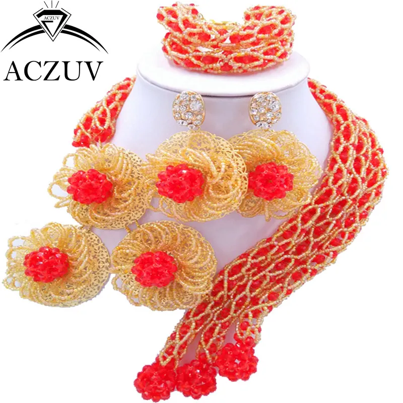 

ACZUV Latest Red and Gold Crystal Fashion African Beads Jewelry Set 2017 Nigerian Necklace Wedding Accessories C3F007