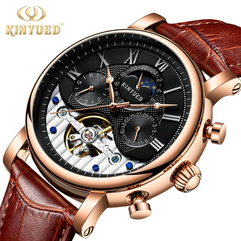 KINYUED Moon Phase Skeleton мужские классические вечный календарь Турбийон Механические