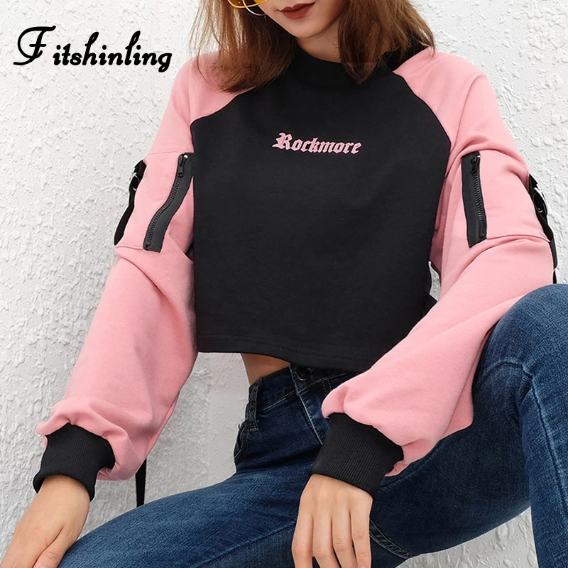 Fitshinling 2019 зимние женские толстовки худи в стиле пэчворк Обрезанные Moletom модные с