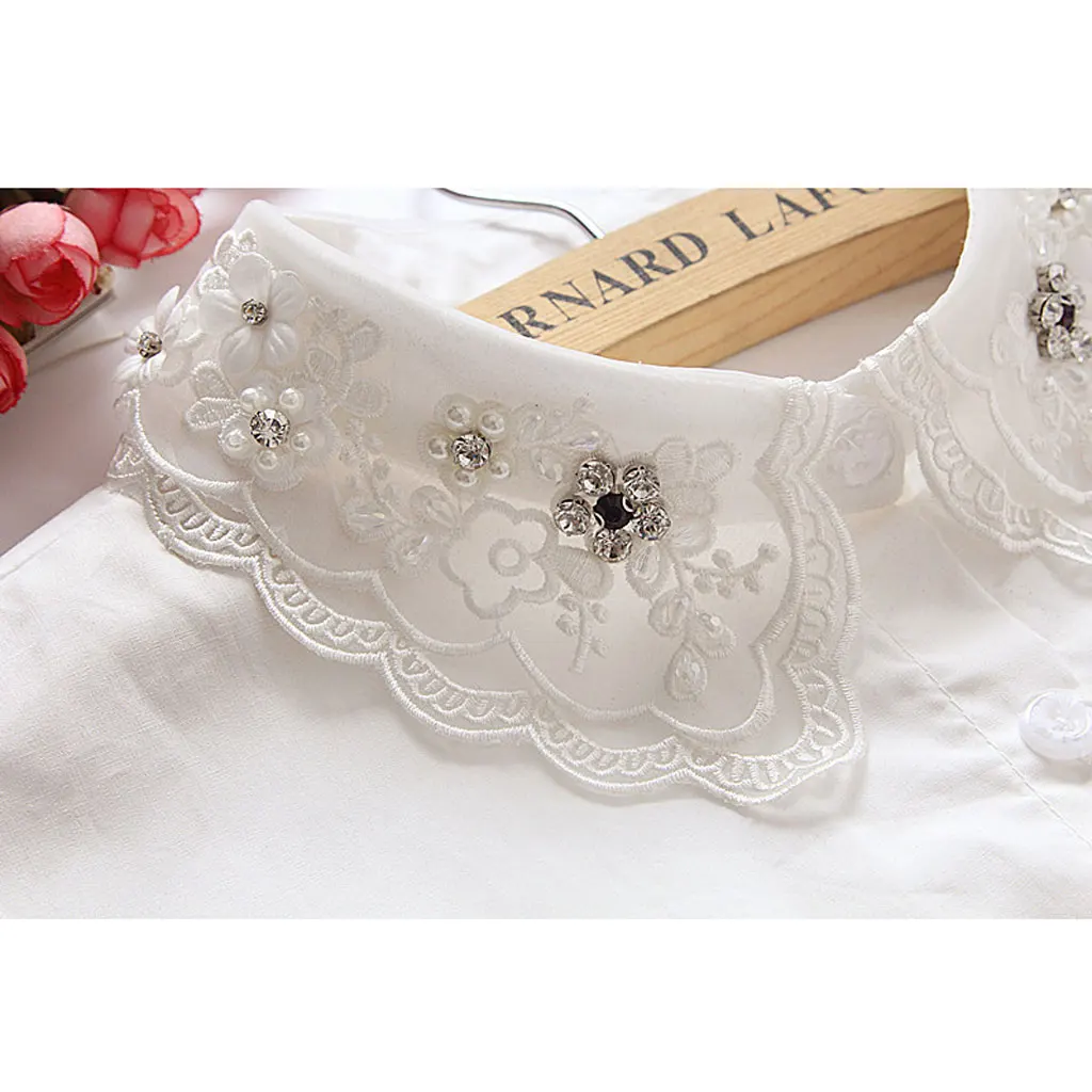 Женская полурубашка со съемным воротником украшенная бусинами|half shirts|white collar