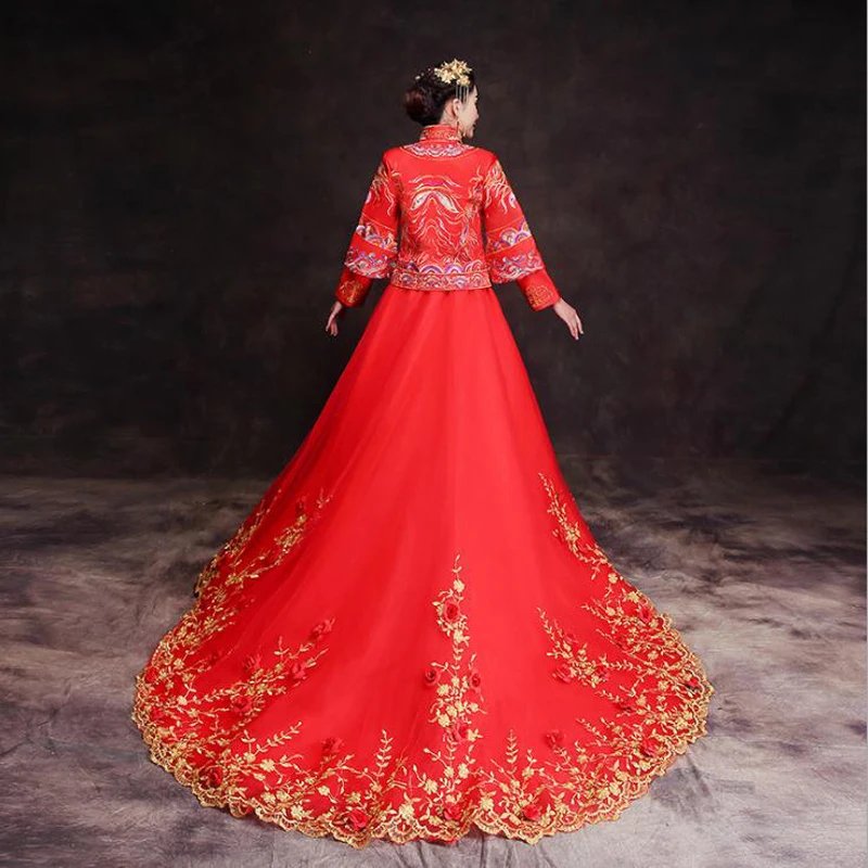 Роскошное Королевское красное платье с вышивкой китайское свадебное Qipao для