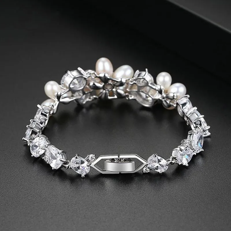 Aitunan Romantic Silver Color CZ Zircon Natural Freshwater Pearl Bracelet Flower Crystal Bracelets For Women Rice Jewelry | Украшения и