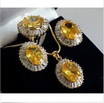 

Lovely Sets Yellow crystal pendant necklace Stud earring Ring >> - watch wholesale Quartz stone CZ crystal