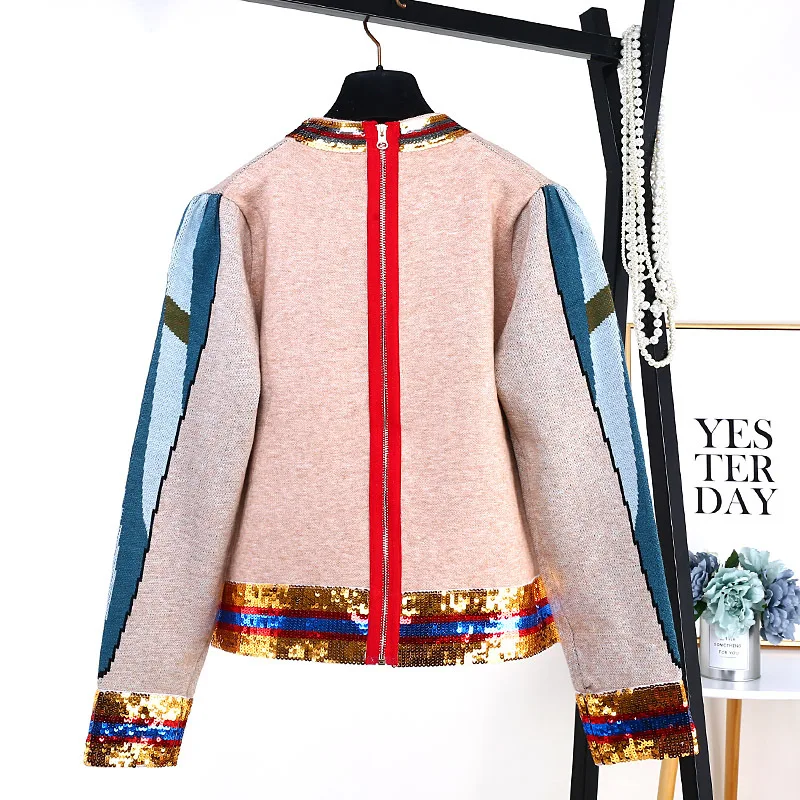 Runway Women Streetwear Sweaters Luxury Sequins Striped Female Embroidery Eyes Patchwork Jacquard Birds High Quality Jumper Tops | Женская