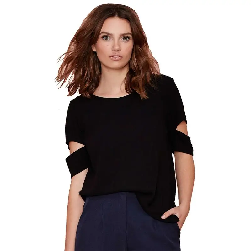 2018 Women Fashion Chiffon Sexy Blouse Wrap Back Cutout Short Sleeves O-Neck Casual Summer Tops White New Shirts |