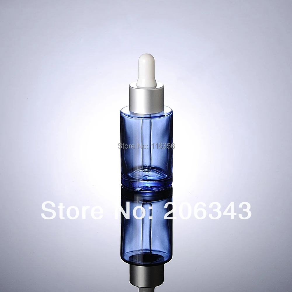 Синий стеклянный флакон 30 мл с матовым серебристым ошейником и белой лампой для