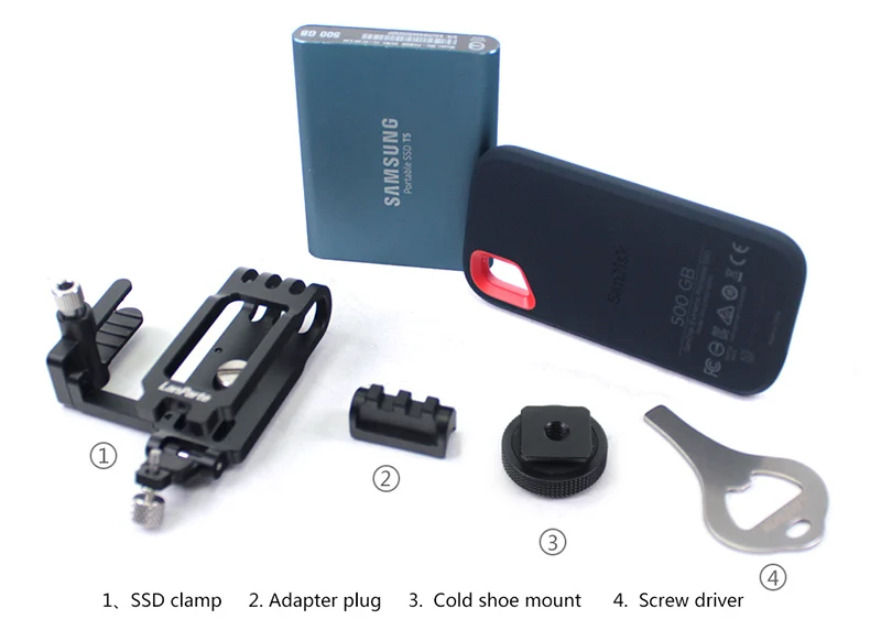 Lanparte SSD зажим для San Disk E60 и samsung T5 с кабельным зажимом, Холодный башмак крепление и 1/4 винт