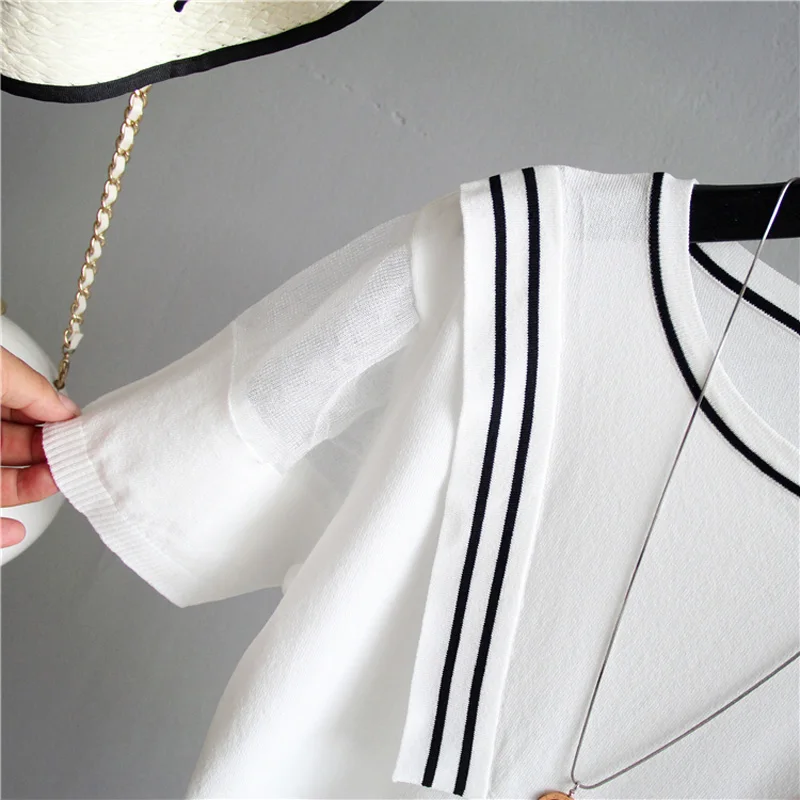 Женский вязаный свитер в полоску пуловер с коротким рукавом базовый Корейском