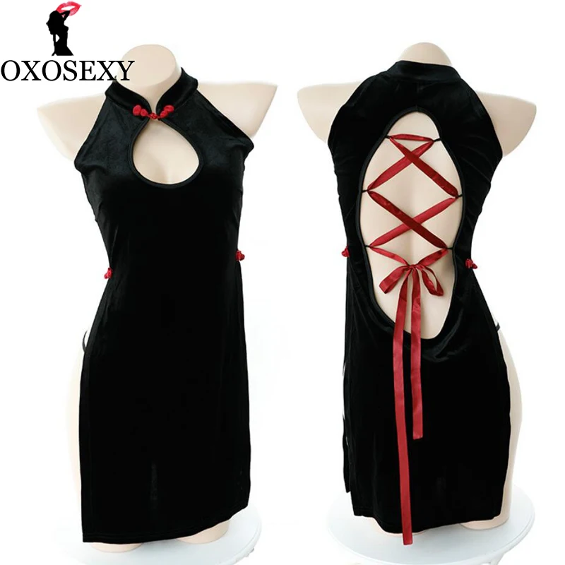 Красное Бандажное сексуальное Чонсам с открытой спинкой черное вельветовое