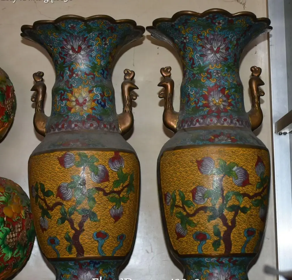 17" Cloisonne Bronze 24K Gold Gilt Peach Tree Phoenix Bottle Vase Flask Pot Pair | Дом и сад