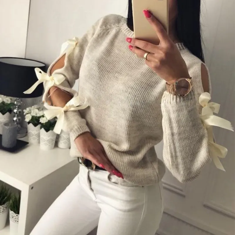 2018 Autumn Top Women Bow Hollow Out Sweater Long Sleeve Knitted Pullover Lace Up Sweaters Pullovers O Neck Casual | Женская одежда