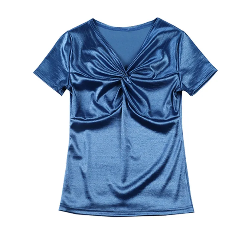 Женская однотонная приталенная рубашка с v-образным вырезом футболка коротким