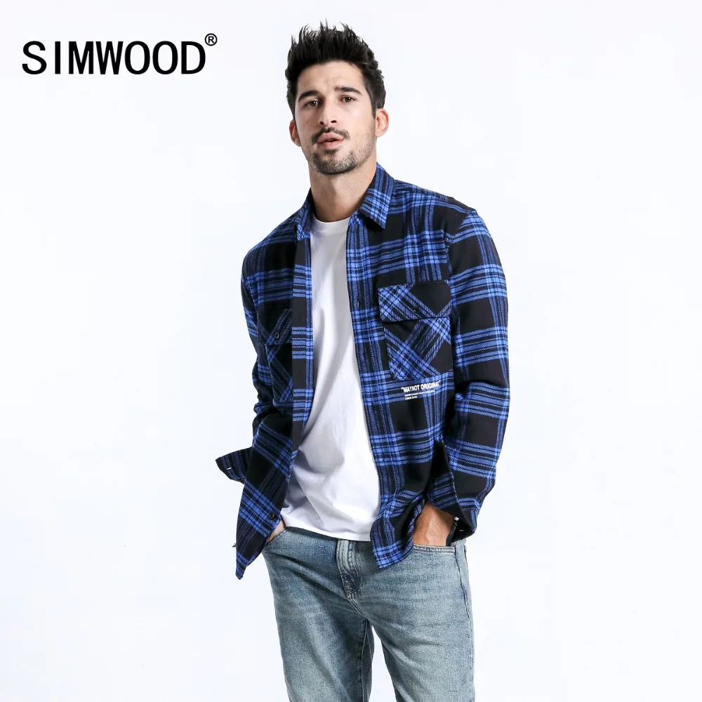 Мужская клетчатая рубашка SIMWOOD, повседневная приталенная рубашка с длинными рукавами и надписью, модная модель 180545 из чистого хлопка
