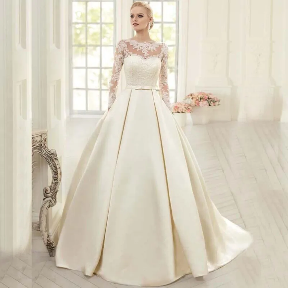 

Elegant Princess Round Collar Long Sleeve Satin Lace Wedding Dress Ball Gown
