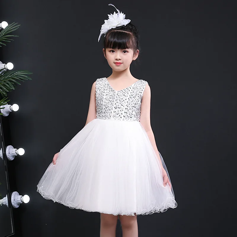 

Великолепное блестящее платье для маленьких девочек с V-образным вырезом и бусинами, праздничное платье для свадеб и мероприятий, детское в...