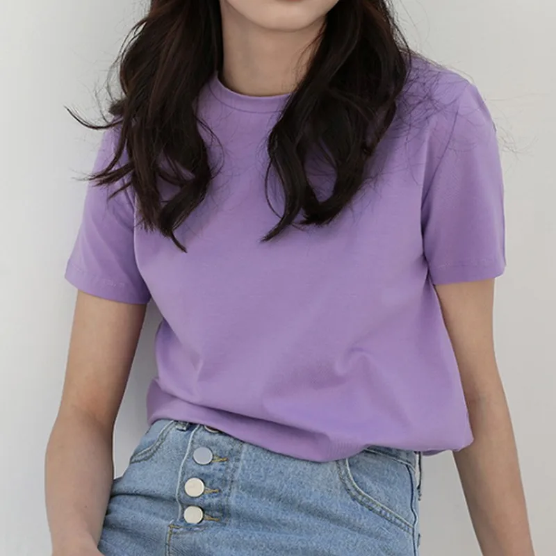 Повседневная Корейская женская футболка летняя дикая облегающая круглый вырез