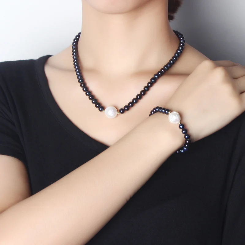 Dainashi элегантный черный натуральный жемчуг ювелирные наборы ожерелье и браслет