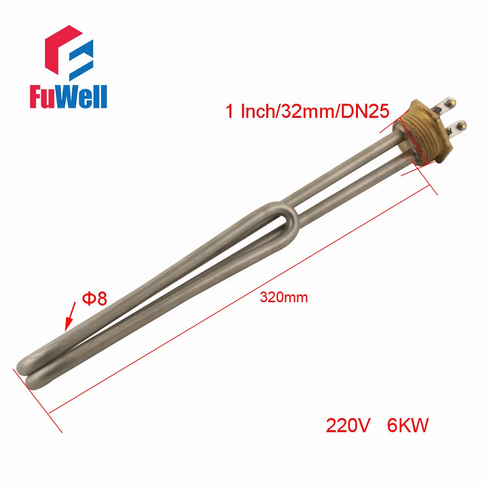 220V 320mm L 1 дюйм/32 мм/DN25 Нержавеющая Сталь Медная головка нагревательная трубка 220 В/380 В Длина Электрический нагреватель трубы водонагреватель Нагревательный элемент - Цвет: 220V 320mm L