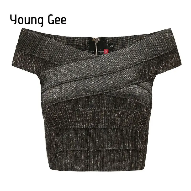 Young Gee, новинка, v-образный вырез, с открытыми плечами, Женский бандажный укороченный топ, сексуальный, бодикон, топы, летние, укороченные, для фитнеса, уличная одежда, blusas - Цвет: Черный