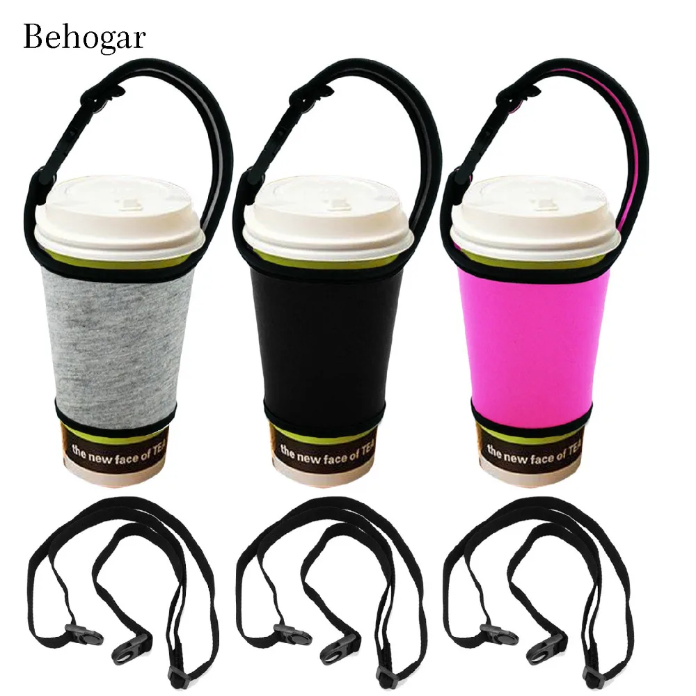 

Behogar Reusable Bottle Sleeve Carrier Holder Cover w/Buckle Handle Adjustable Shoulder Strap for Coffee Milk Tea Cold Drink