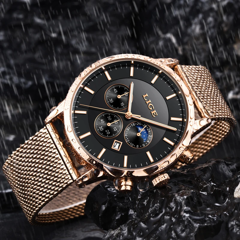 LIGE New Watch Men Casual Grid All Steel Strap Male Automatic Date Waterproof Sport Quartz Wristwatch Luxury Chronograph+Box | Наручные
